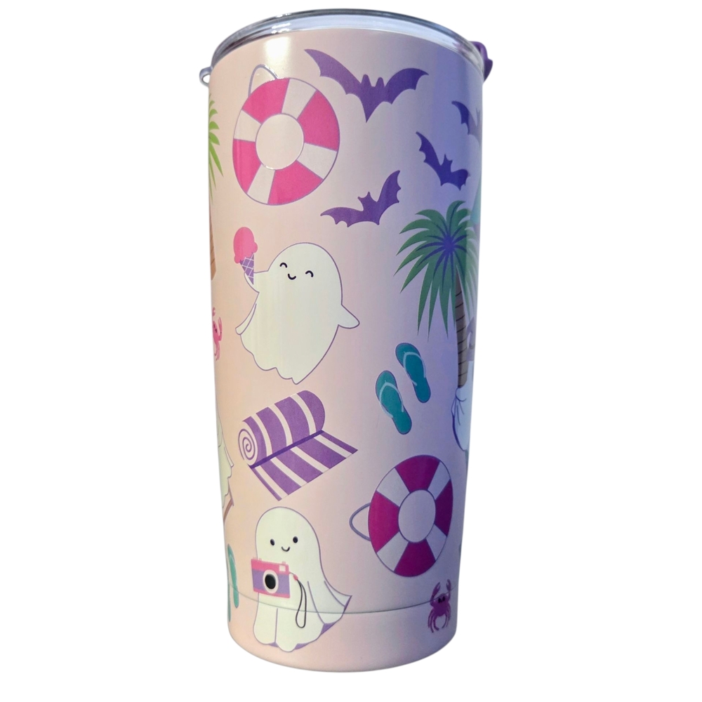 Cute 17oz Stainless Steel Ghost Beach Boo basket Pastel Pink Hallloween Tumbler